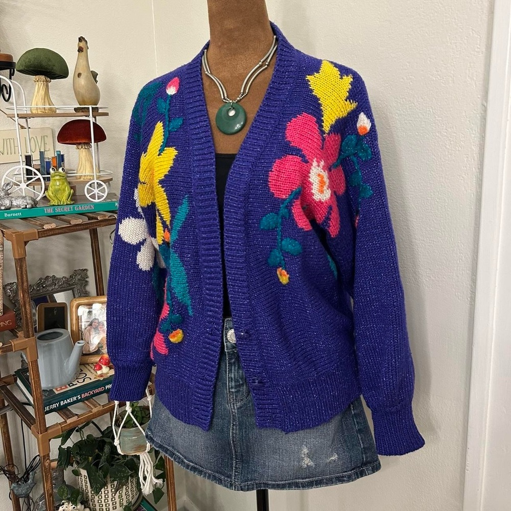 Vintage 80s Purple Bright Multi-Color Floral Cardigan Sweater by Jaclyn Smith